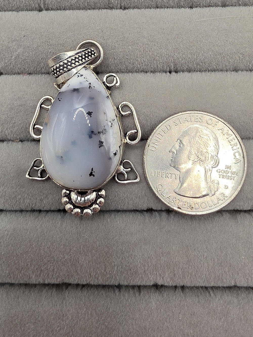 Silver Plated Dendritic Agate Teardrop Pendant - Gray/White